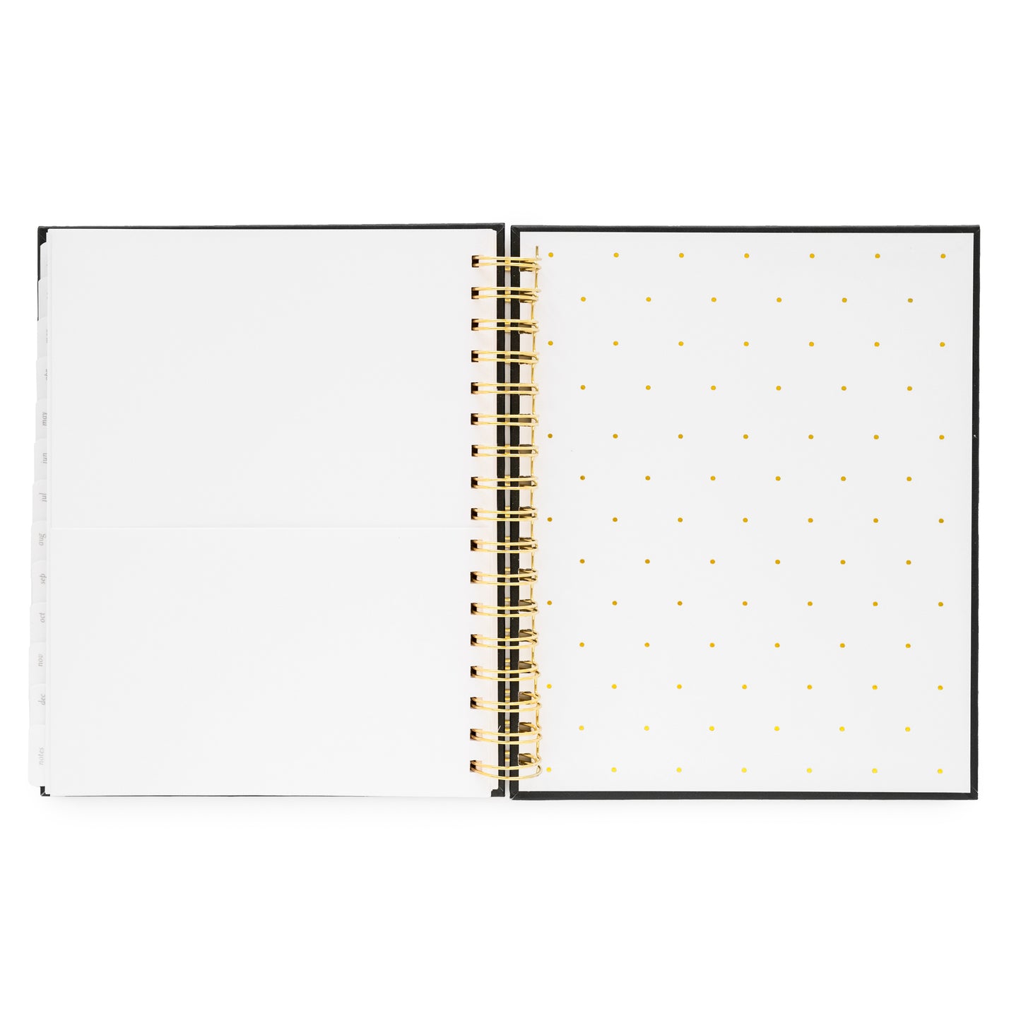 Open Spiral Planner with white pocket and gold polka dot interior