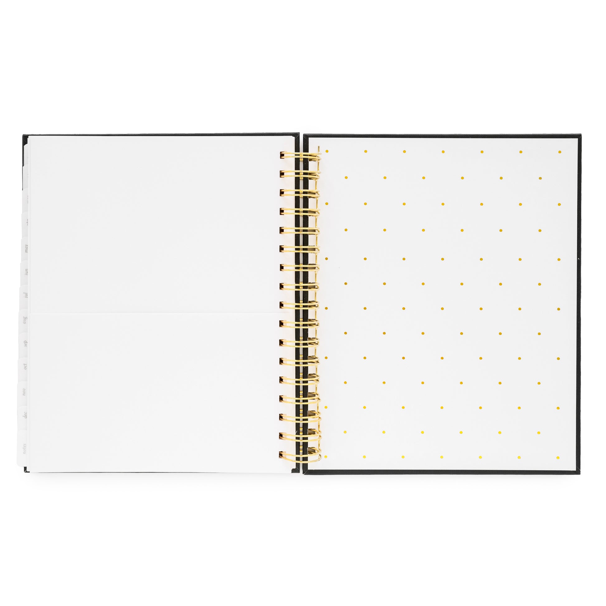 Open Spiral Planner with white pocket and gold polka dot interior