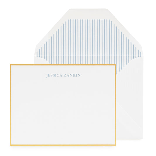 Slate blue printed jessica rankin custom stationery with gold border and blue stripe liner