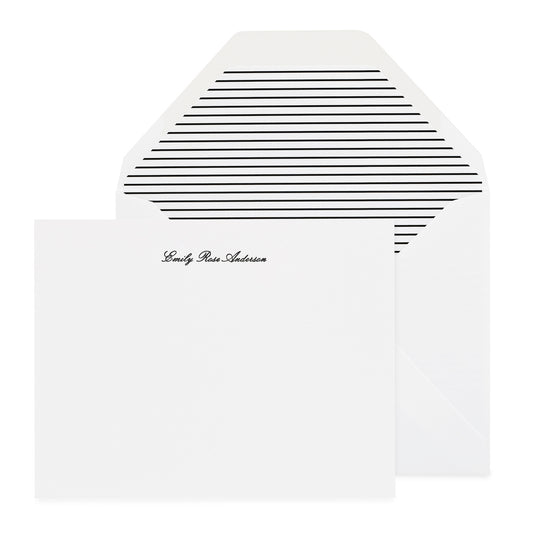 Black letterpress printed notecard with emily rose anderson in script and paired with a black thin stripe liner