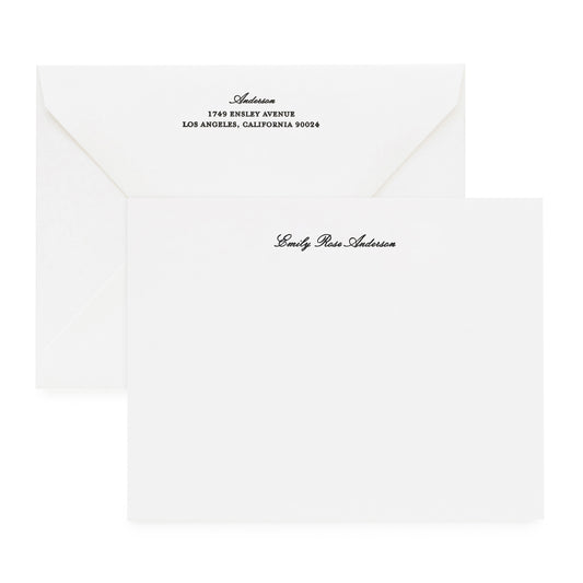 white custom stationery flat notecard with black letterpress ink with a name printed in formal script font