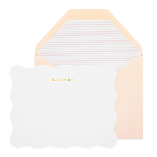 White scalloped custom stationery notecard gold foil printed with kate hamilton and a pink stripe envelope
