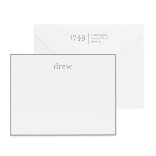 Slate blue bordered white note card letterpress printed drew