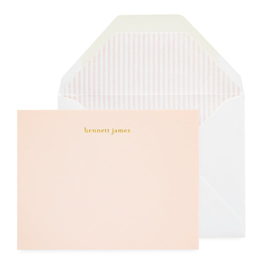 Pale pink custom stationery with gold foil printed name and pink stripe envelope liner