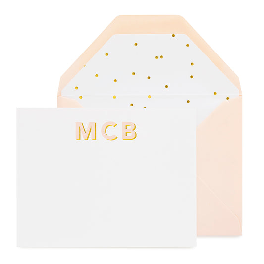 Pale pink and gold foil bold initials custom stationery with pale pink envelope and dot liner