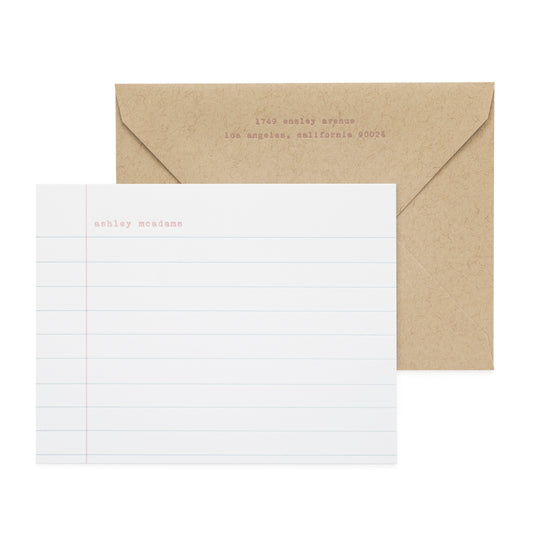Notebook lined paper custom stationery printed with Ashley McAdams and paired with a kraft envelope