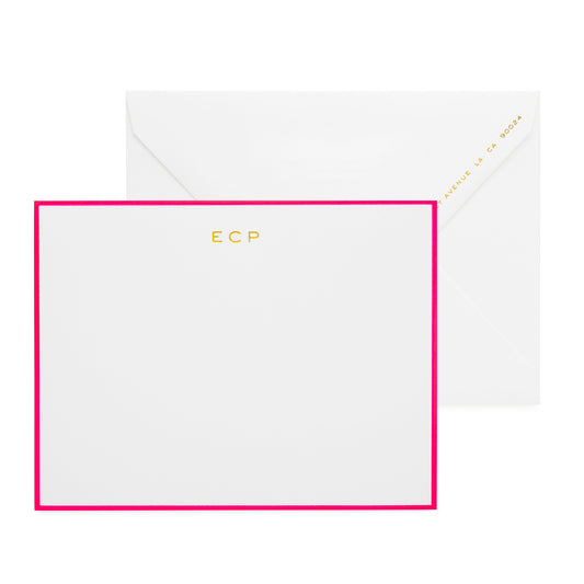 Neon bordered white note card with gold foil initials