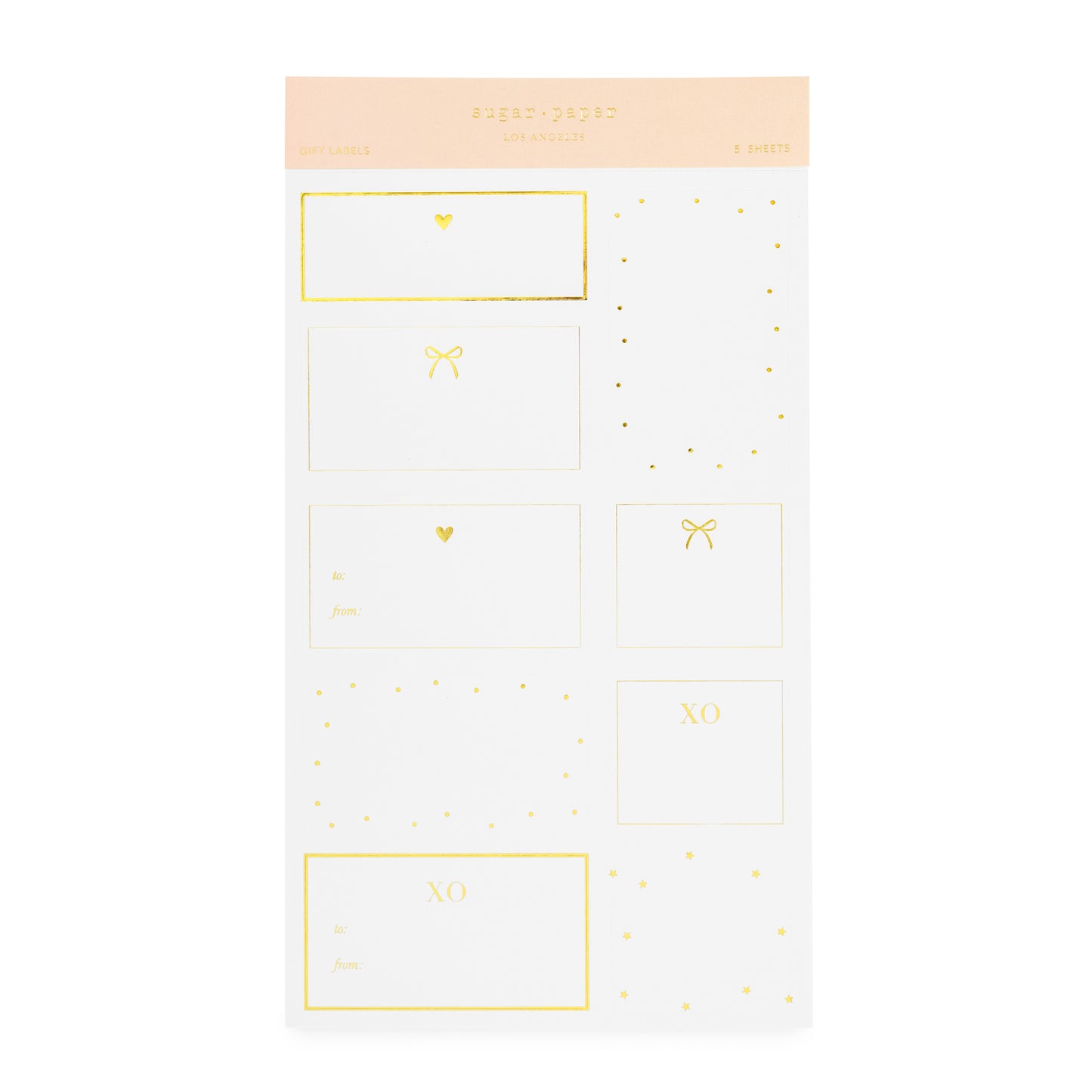 white and gold gift stickers with hearts, dots and bows and prompts for to and from
