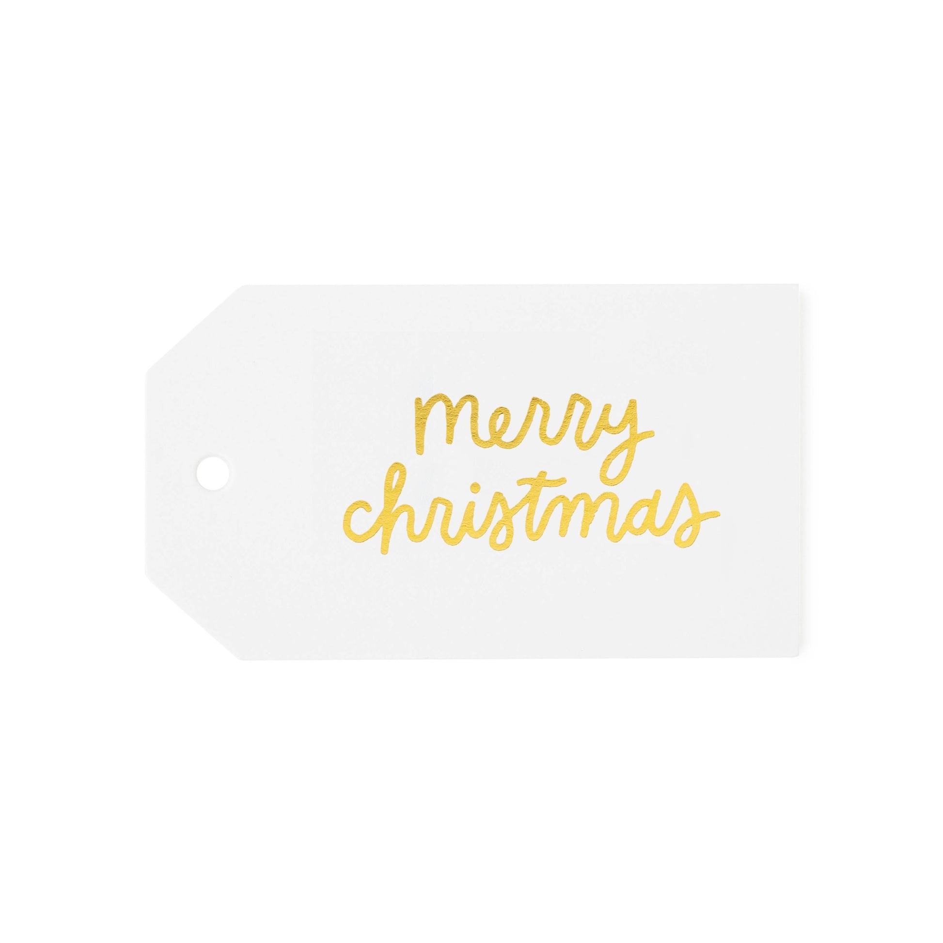White gift tag with 'Merry Christmas' in gold