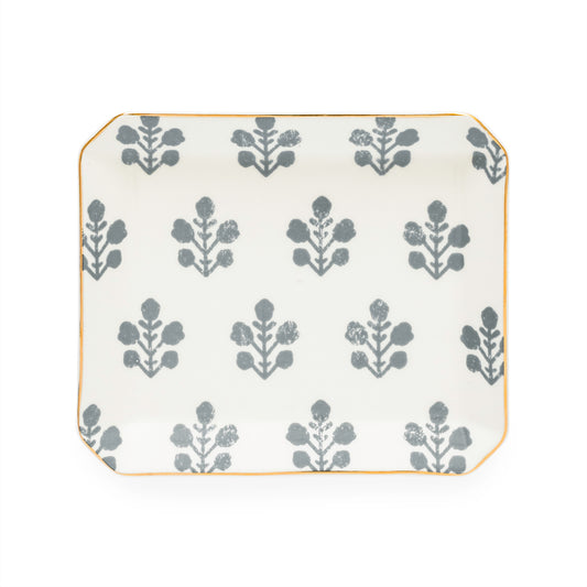 slate grey floral patterned ceramic tray with gold edging detail