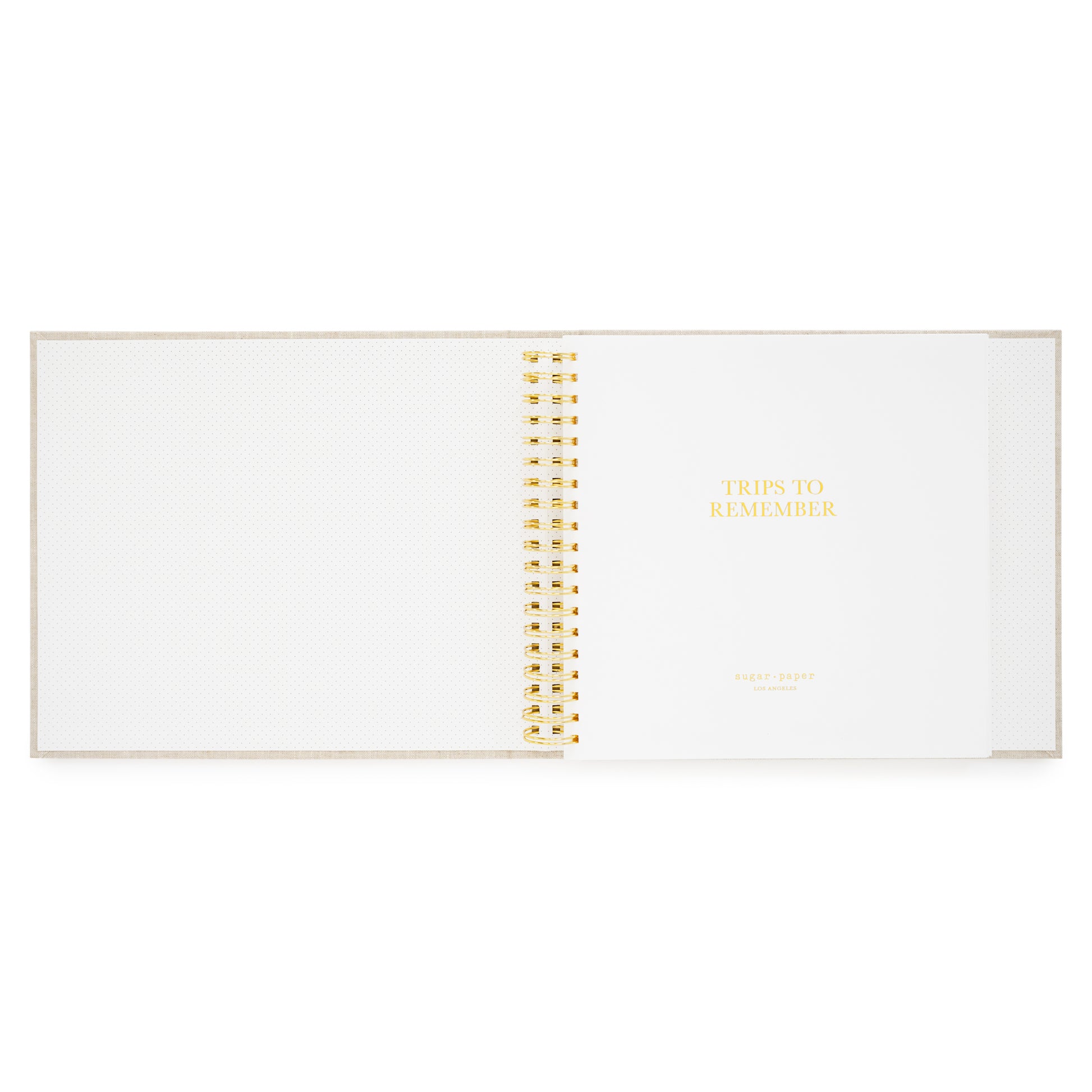 cover page of the trips to remember spiral bound fabric keepsake book with foil stamped trips to remember in gold