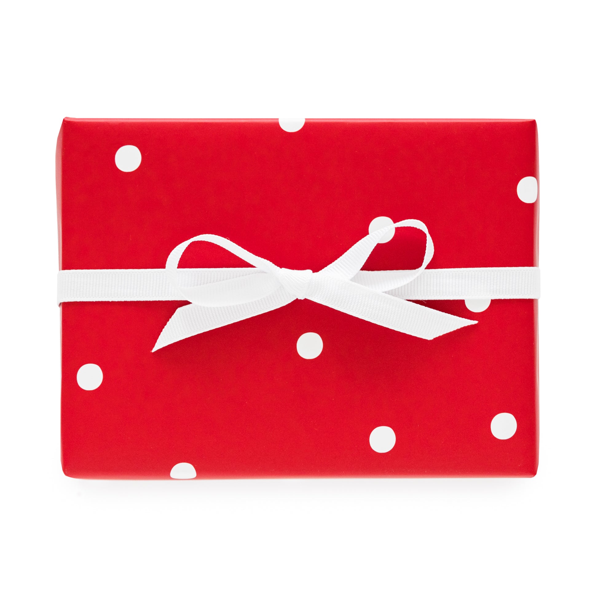 red and white dot gift wrap with white bow