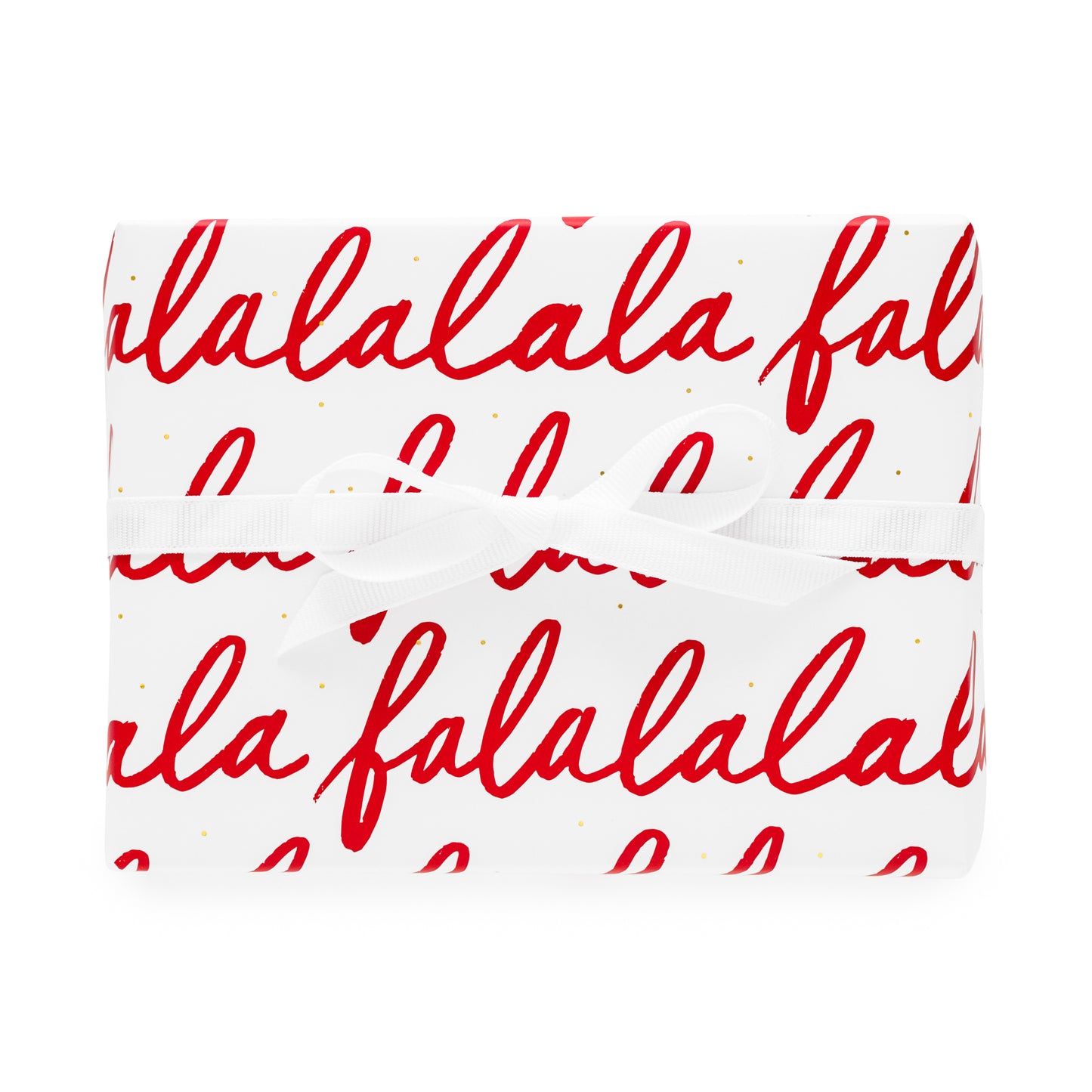 red falalalala gift wrap with white ribbon