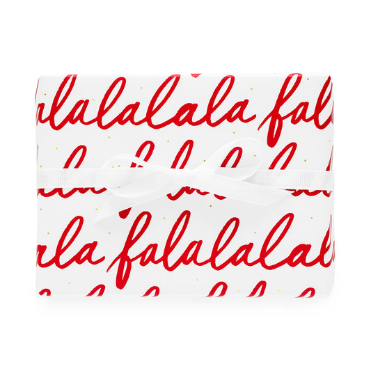 red falalalala gift wrap with white ribbon