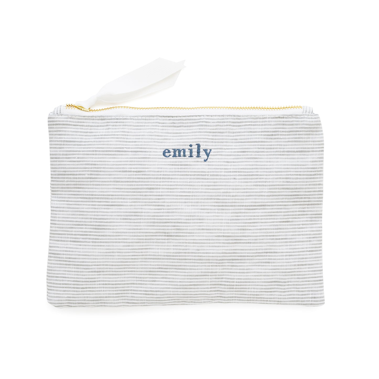 Striped pouch with 'emily' embroidery in blue thread