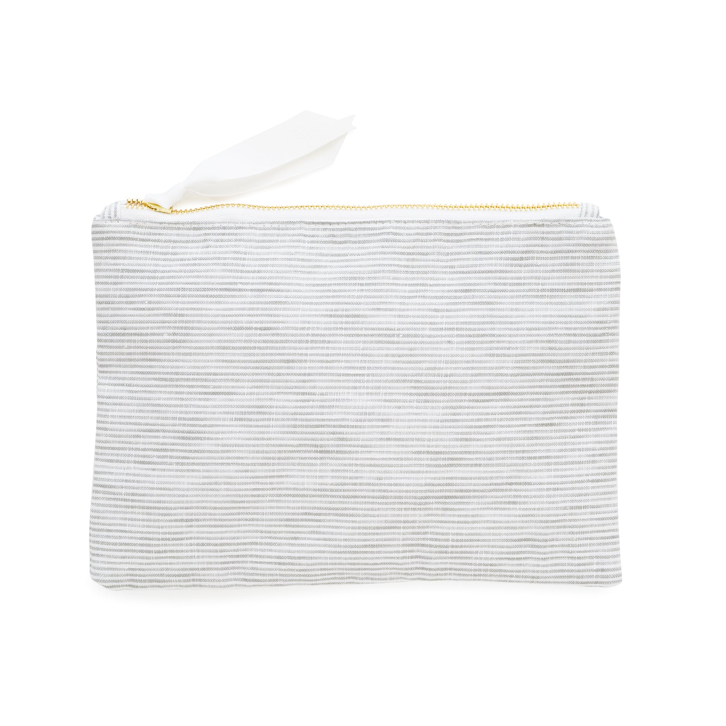 Grey and white stripe pouch with white ribbon pull and gold zipper