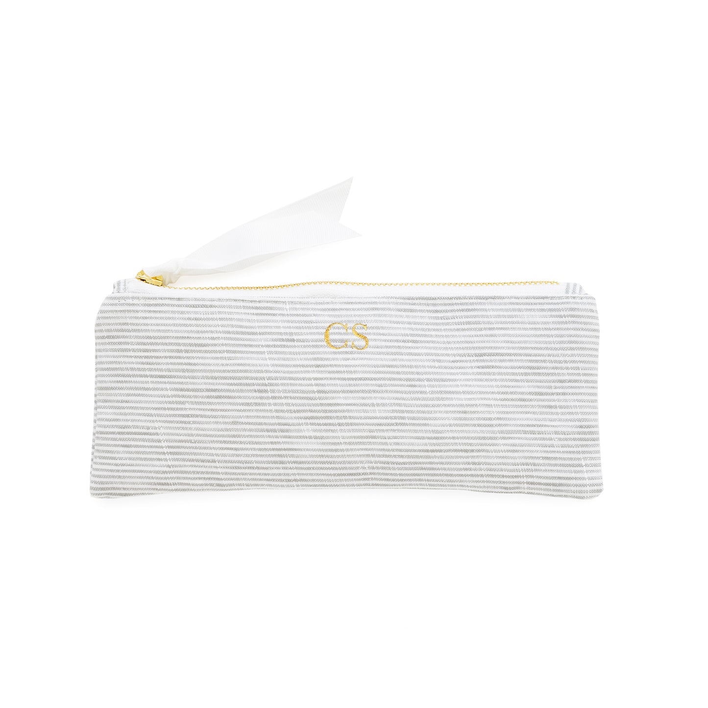 Striped pencil pouch with a gold zipper, white ribbon pull, and gold foil initials
