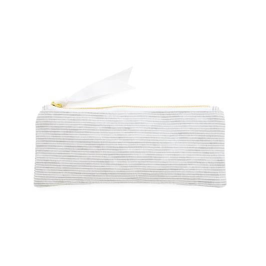 Grey striped pencil pouch with a gold zipper