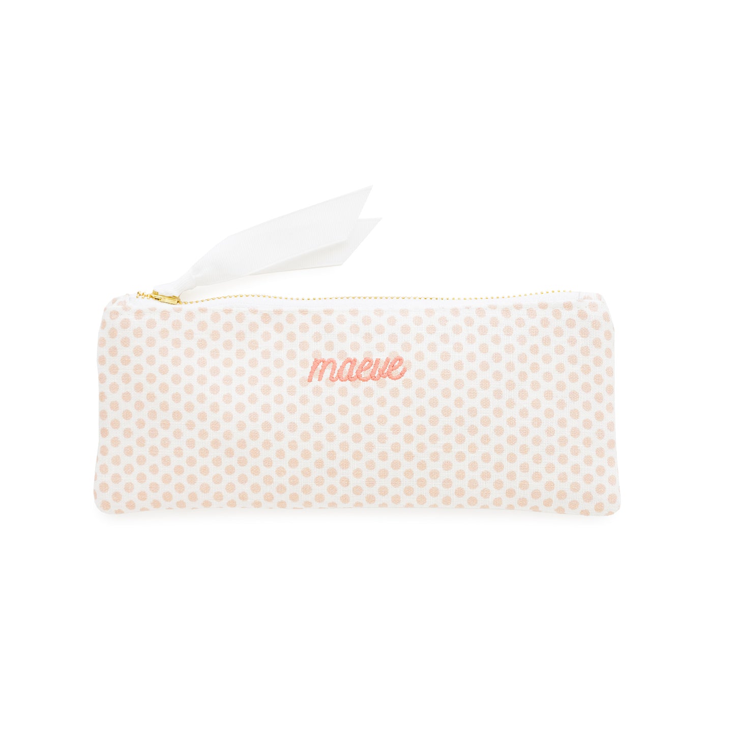 Pink polka dot pencil case with 'maeve' in pink embroidery