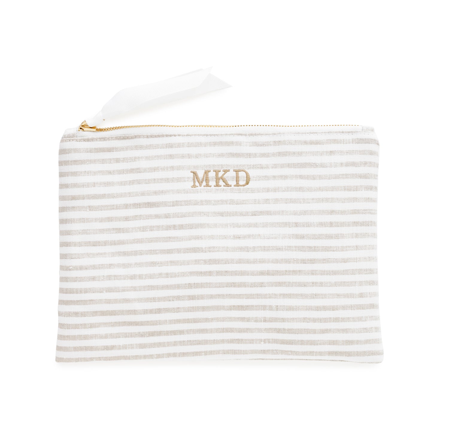 Striped pouch with 'MKD' monogram on a white background}