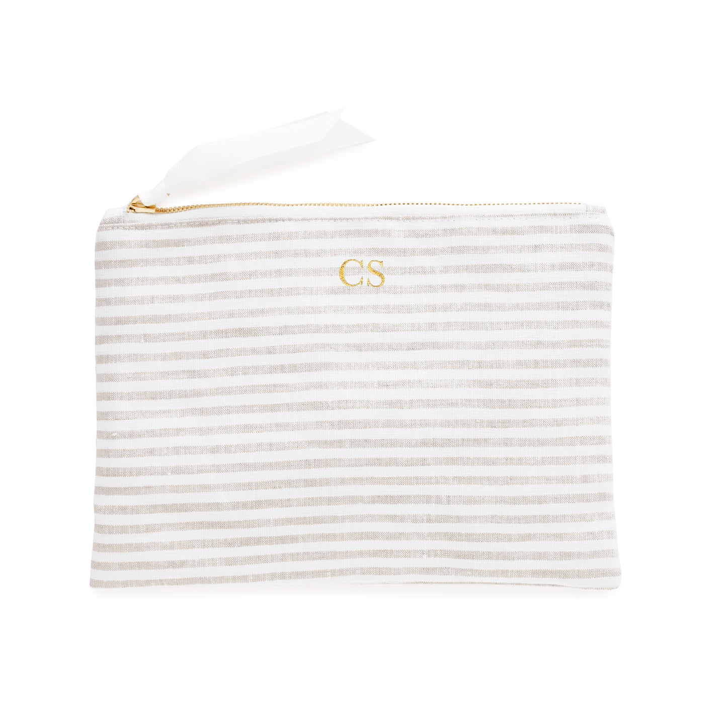 Flax and white striped fabric pouch with gold foil initials 'CS' with a white ribbon pull
