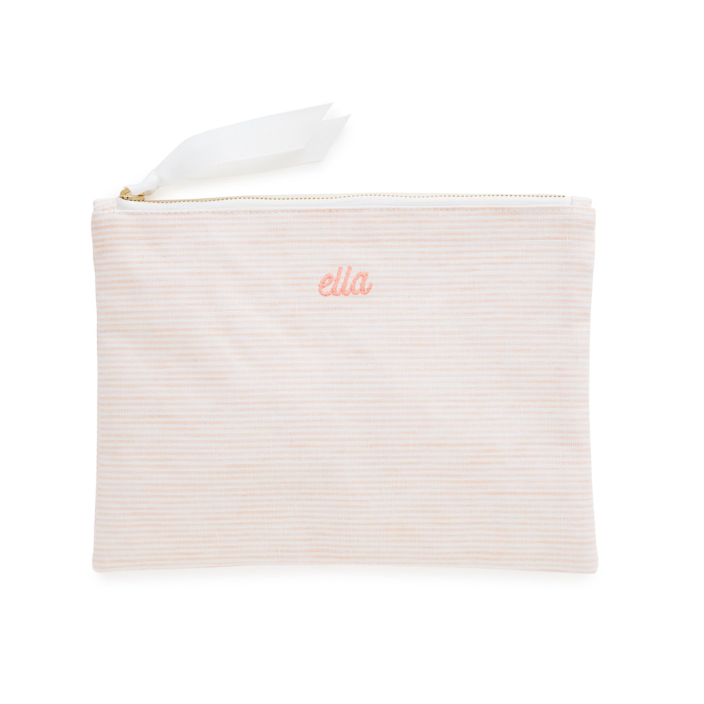 Pink pouch with 'ella' embroidery on a white background