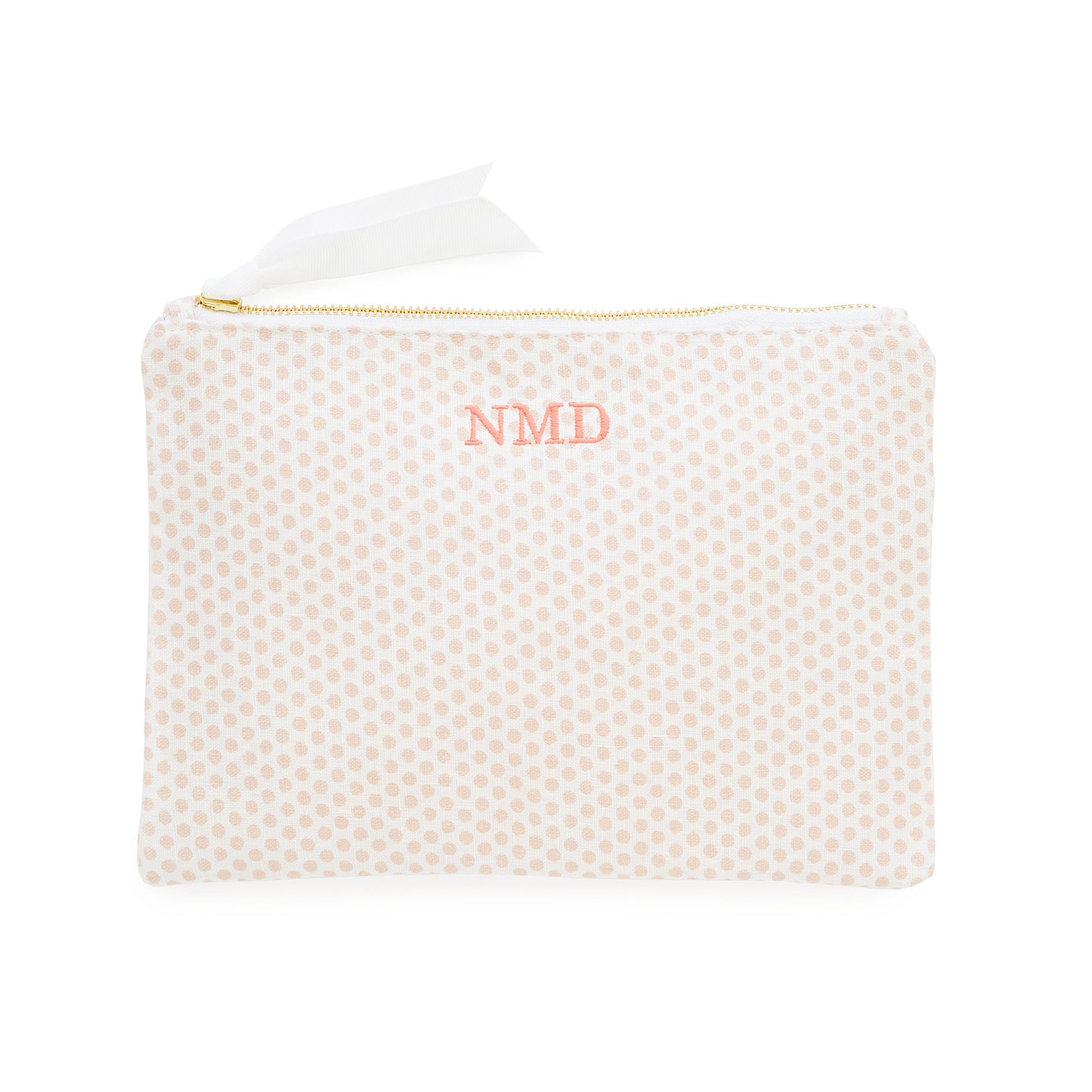 Pink dot pouch with 'NMD' initials in pink thread