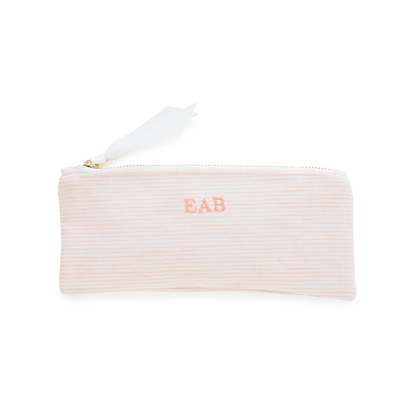 Pink striped pouch with 'EAB' monogram with pink thread