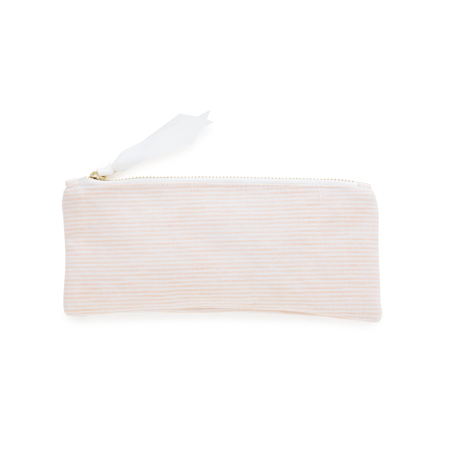 White and pink stripe pouch with gold zipper and white ribbon pull