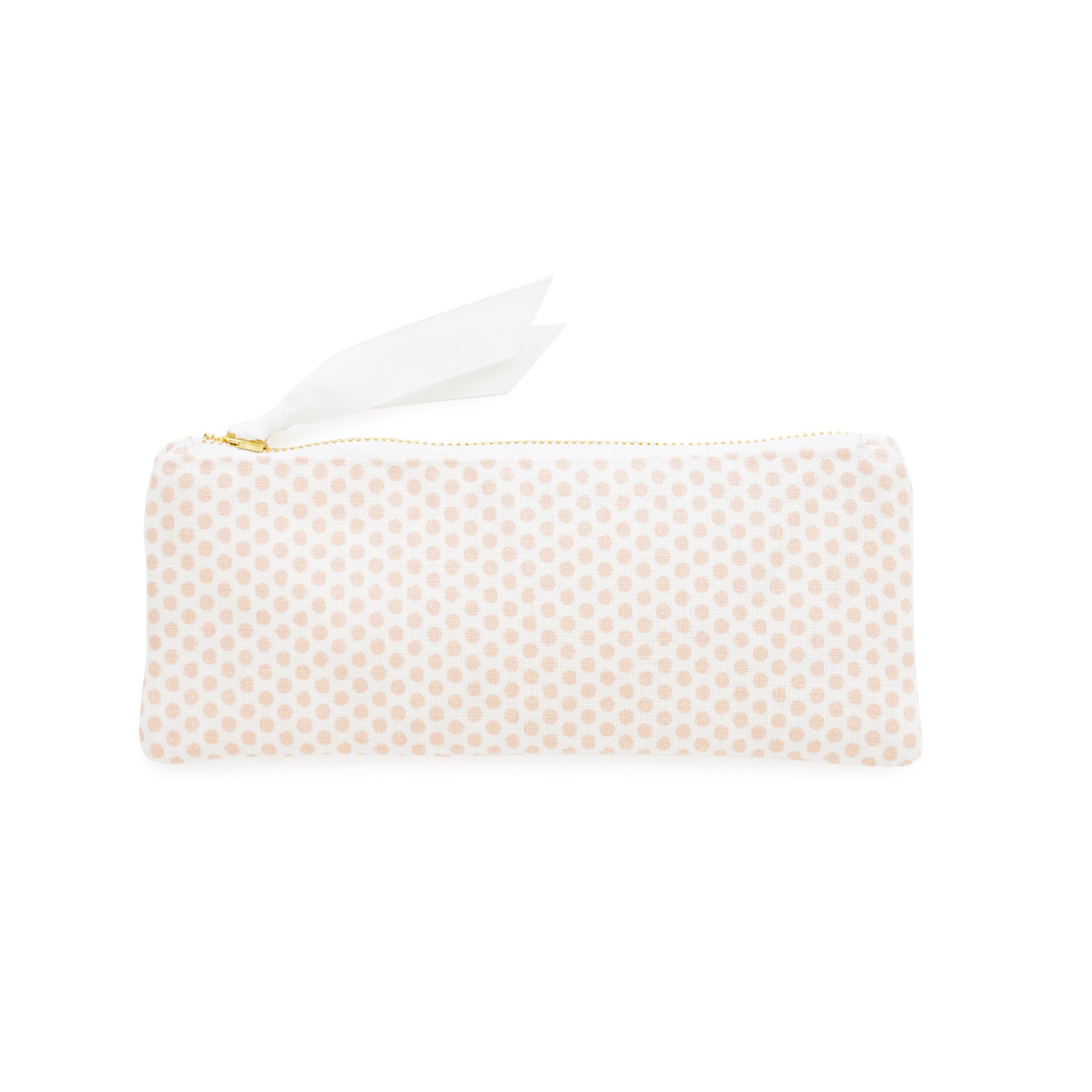 White and pink dot pencil pouch with gold zipper and white ribbon pull