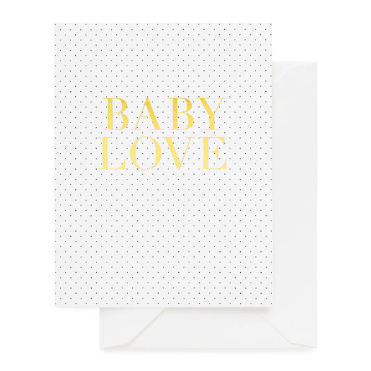 Black and white dot card printed with Baby Love