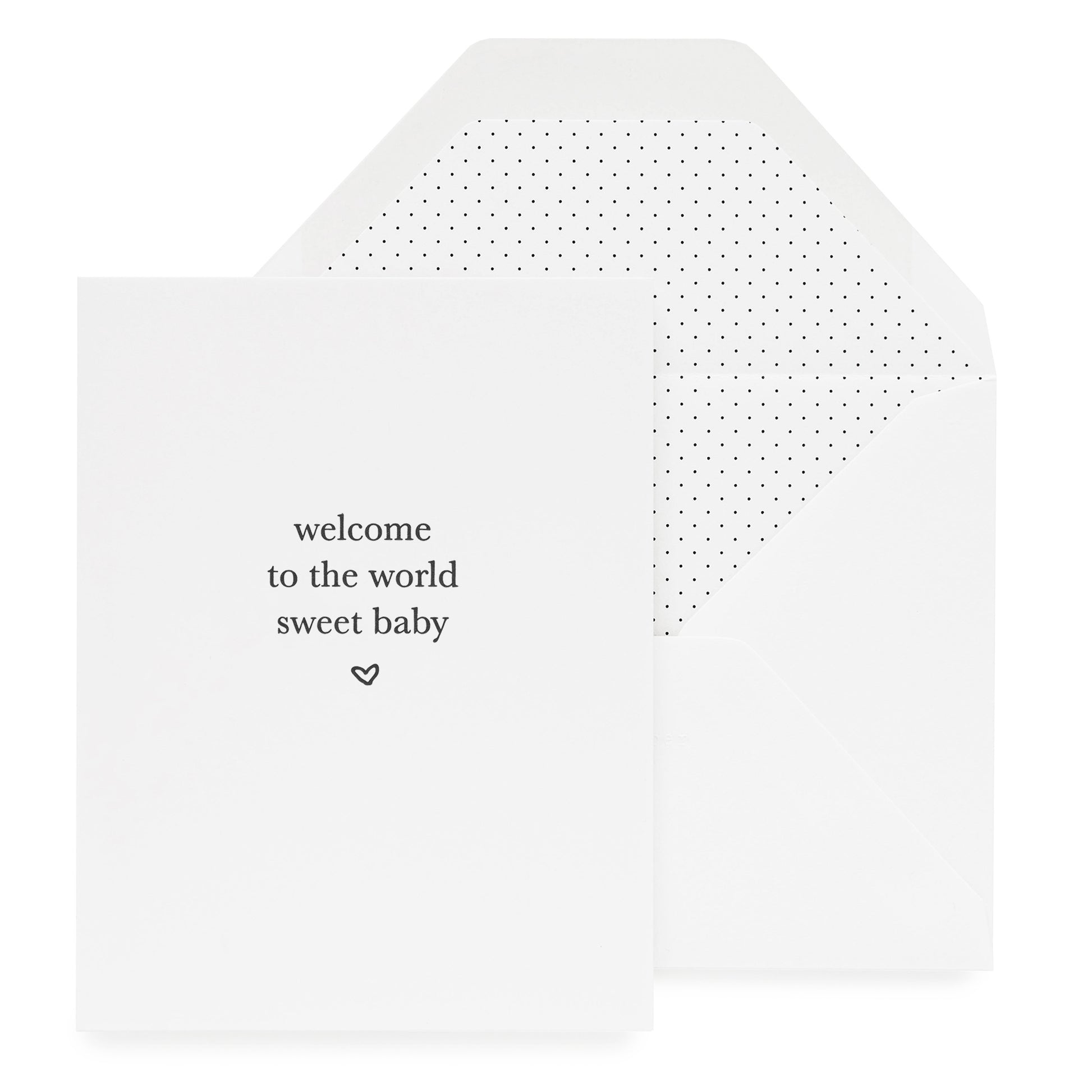White greeting card printed with welcome to the world sweet baby