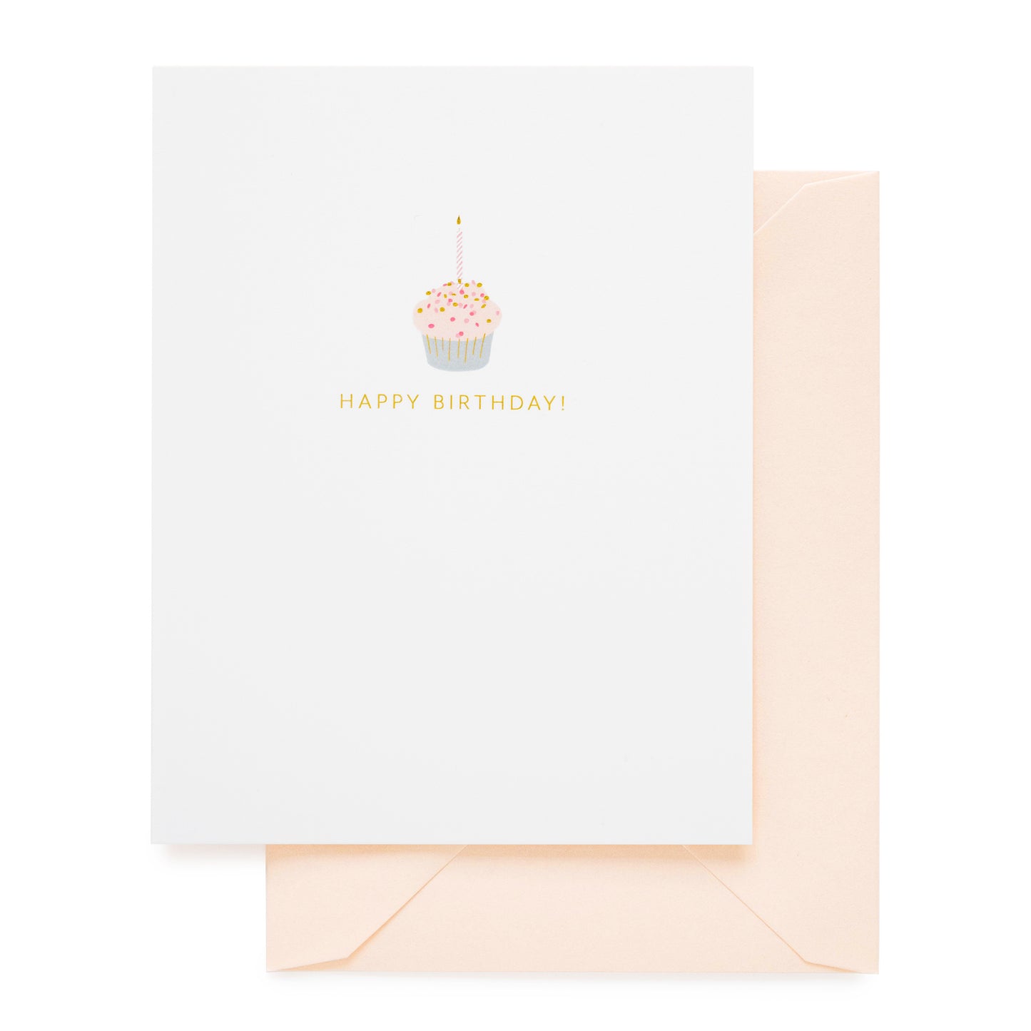 white card with gold foil text and cupcake icon, pale pink envelope