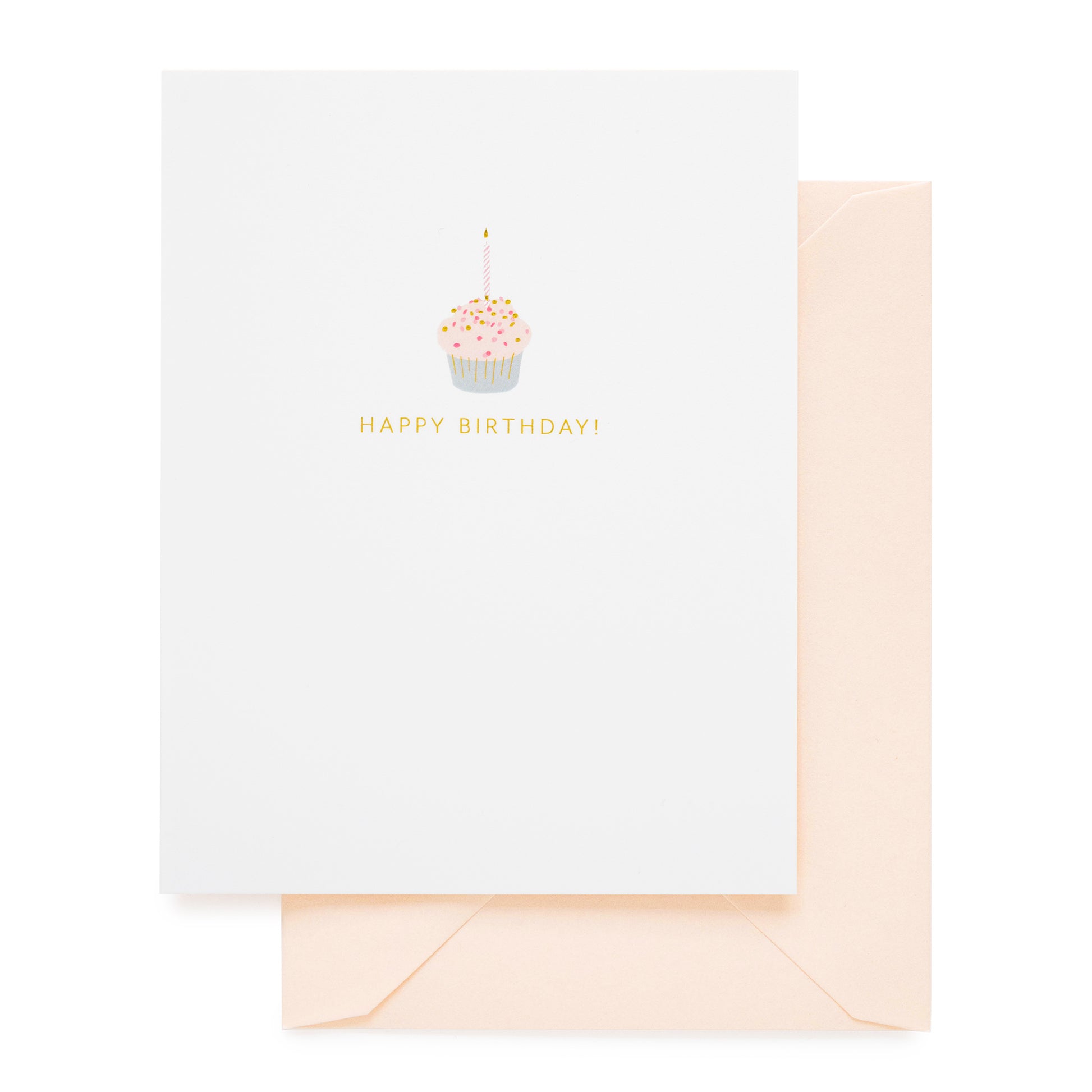 white card with gold foil text and cupcake icon, pale pink envelope