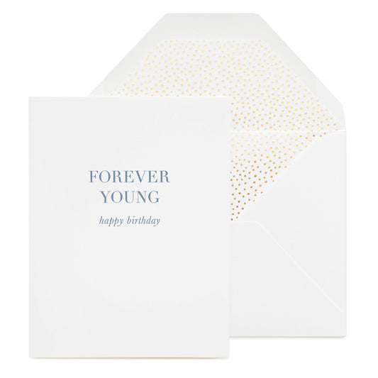 Forever young printed in blue with a gold dot liner