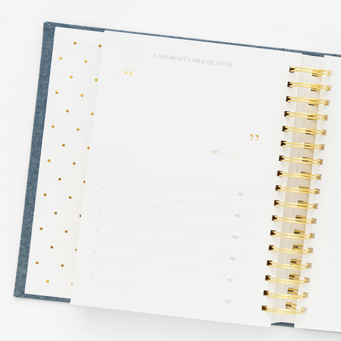 This is the interior of the baby book - a place to write unforgettable quotes.