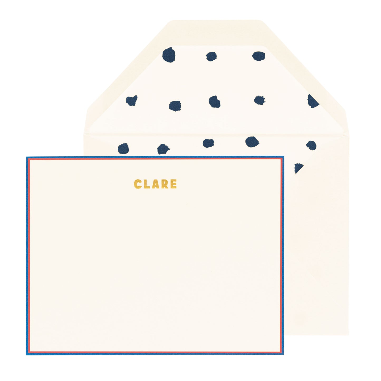 cream card with red and navy border and gold text, cream envelope with navy dotted liner