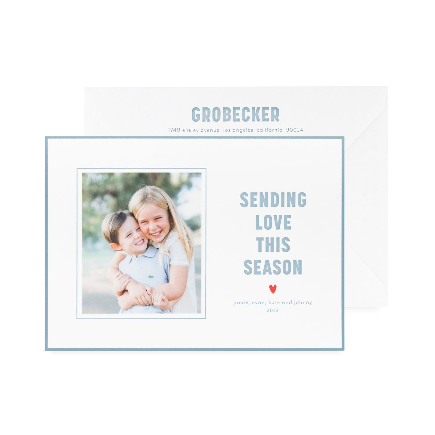 white card with slate and red ink, slate border, white envelope with slate ink