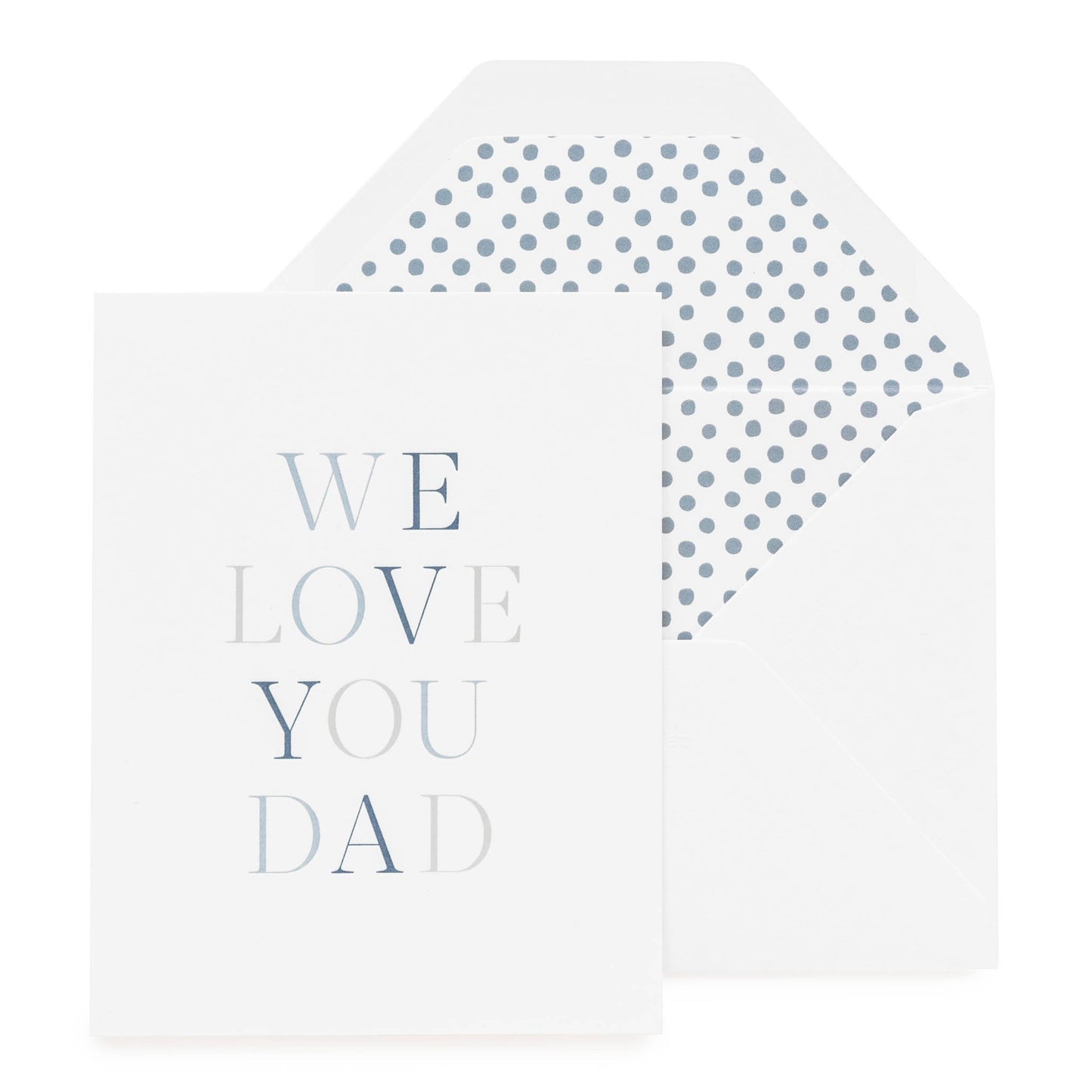 Blue and white Father's Day card printed with We Love You Dad paired with a blue dot liner