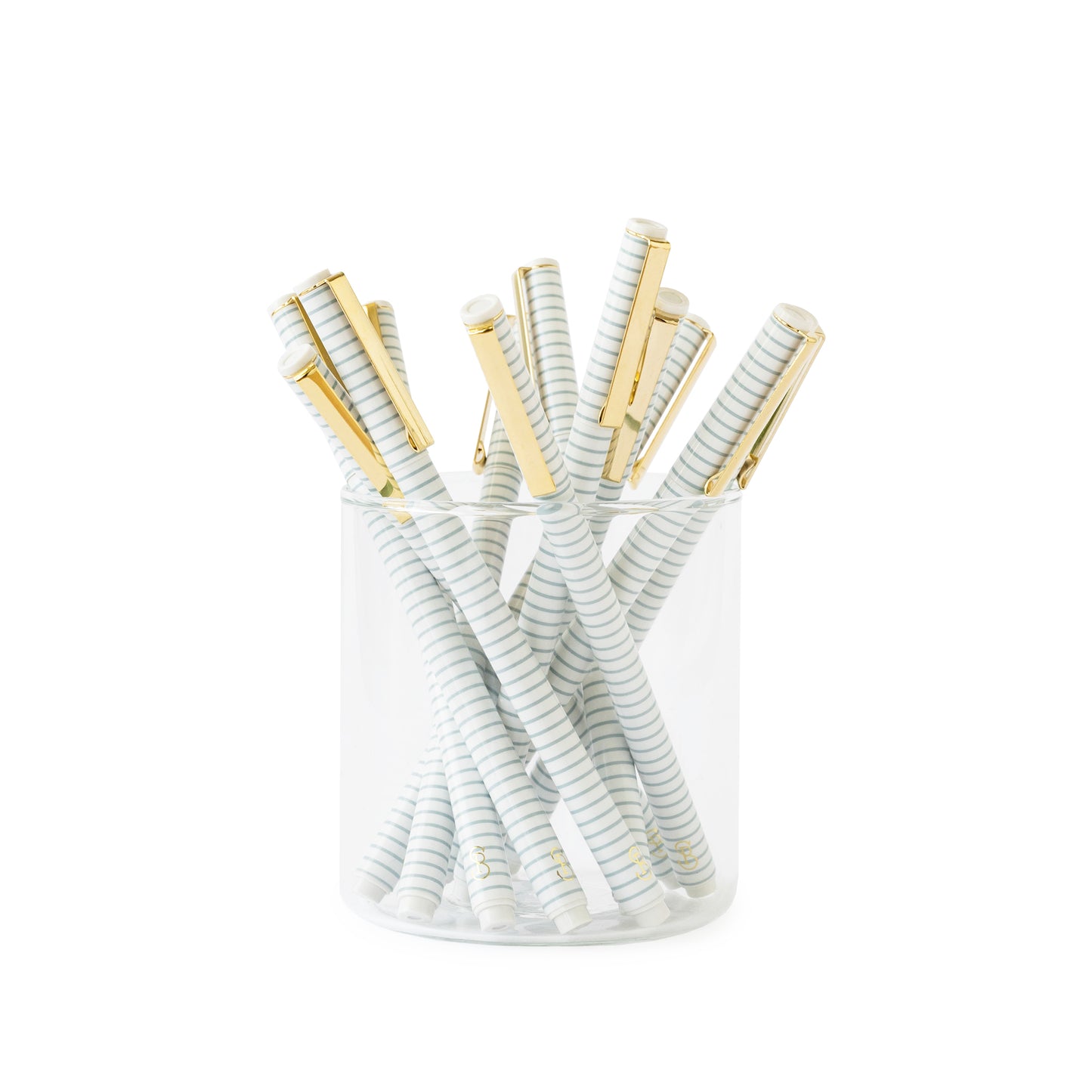 jar of white felt pens with blue stripes