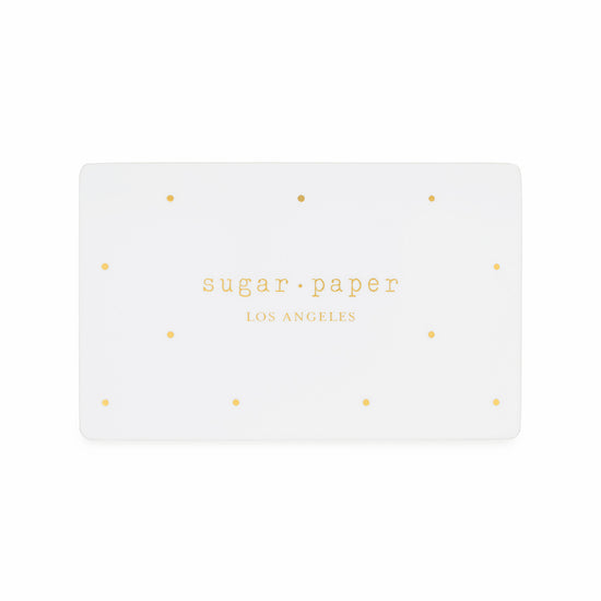 White with gold polka dots gift card with sugar paper logo