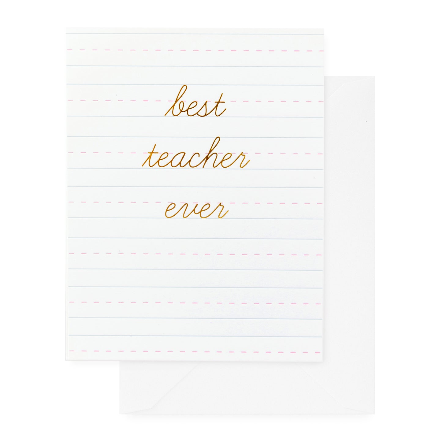 white card with notebook lines and gold text, white envelope