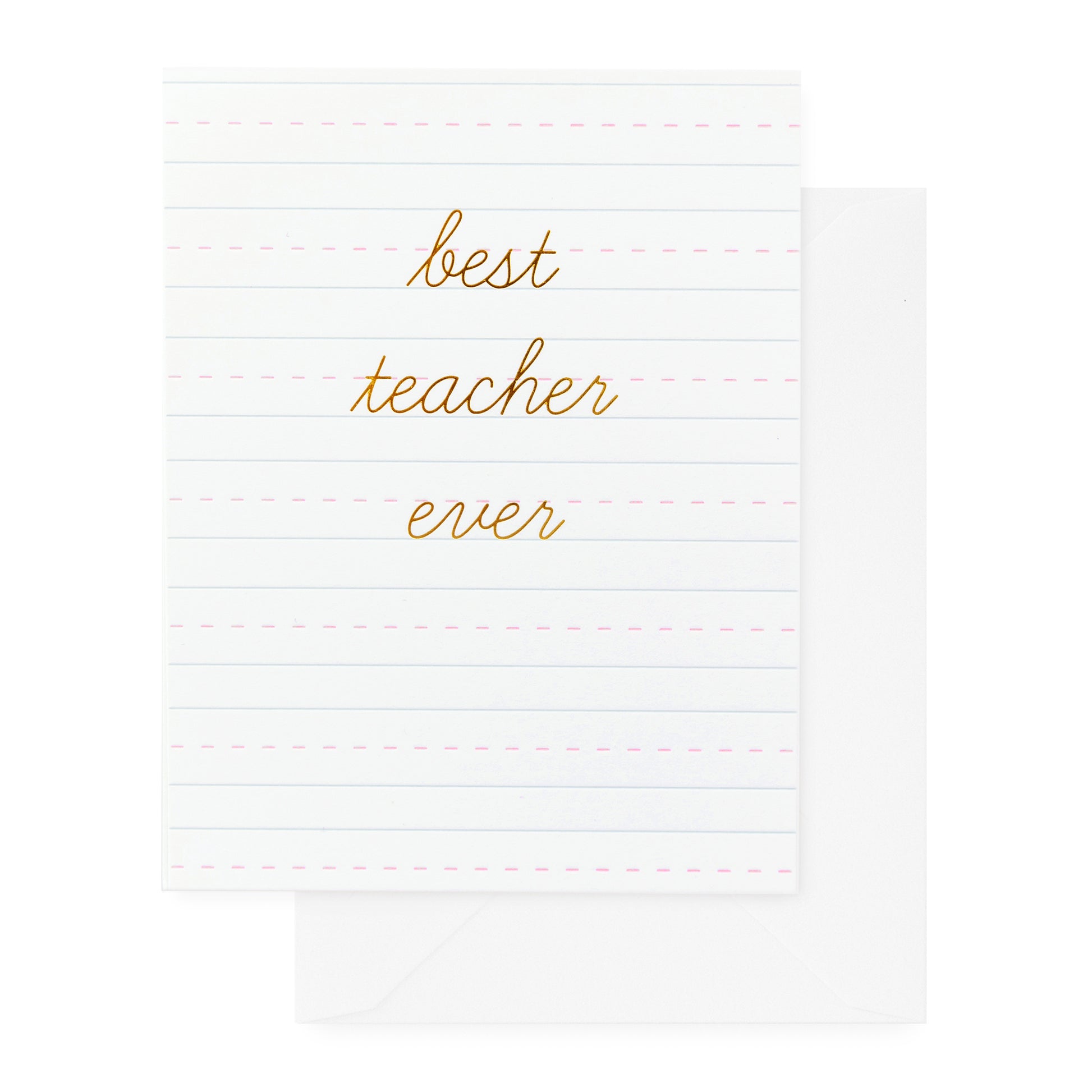 white card with notebook lines and gold text, white envelope