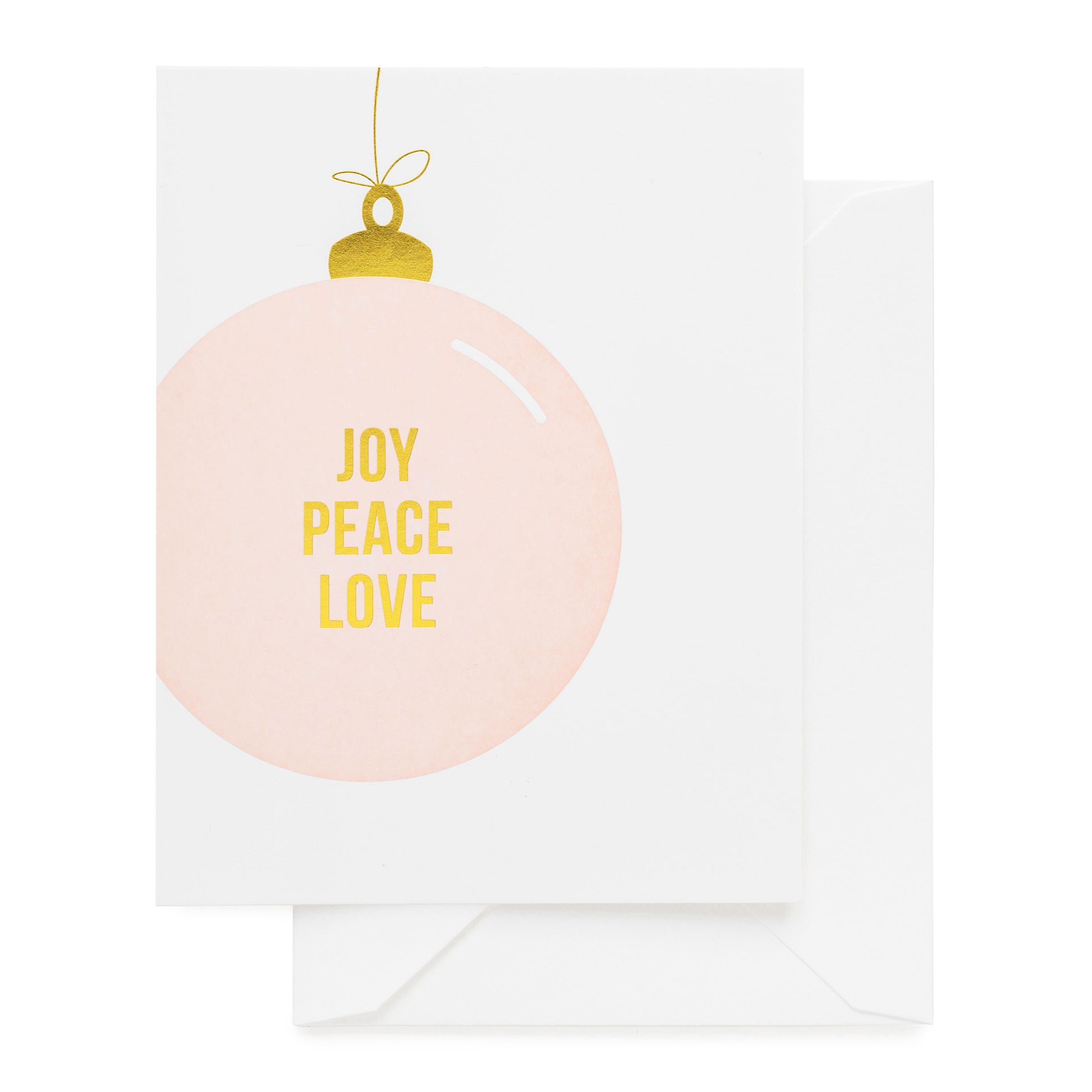 Pale pink ornament card printed with joy peace love