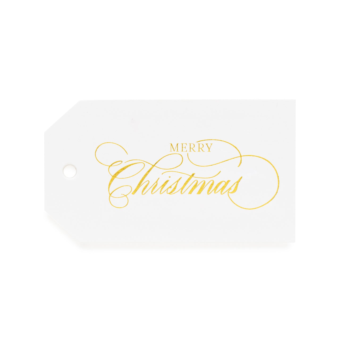 A white gift tag with 'Merry Christmas' printed in a gold script font.
