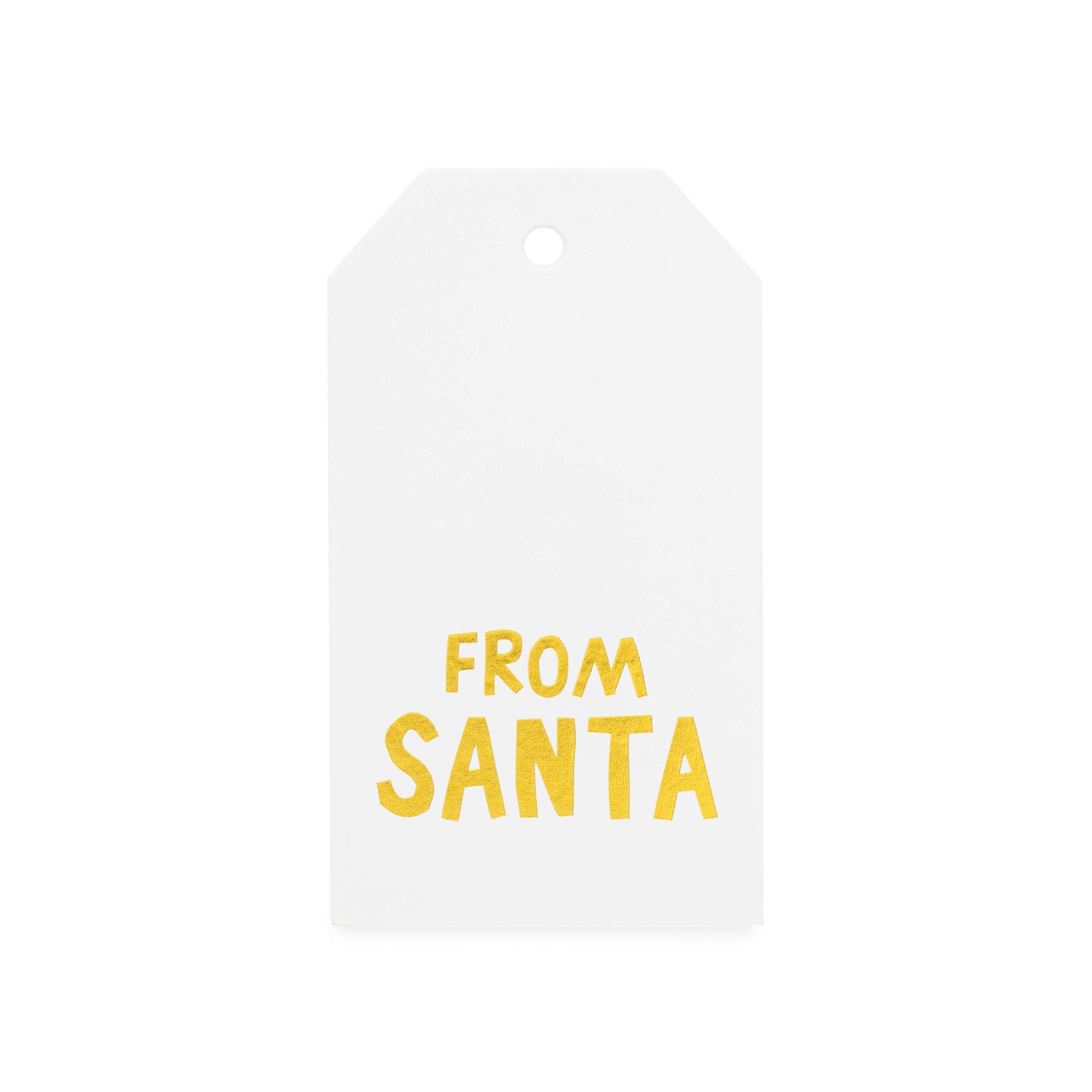 white gift tag with "from santa" in gold foil