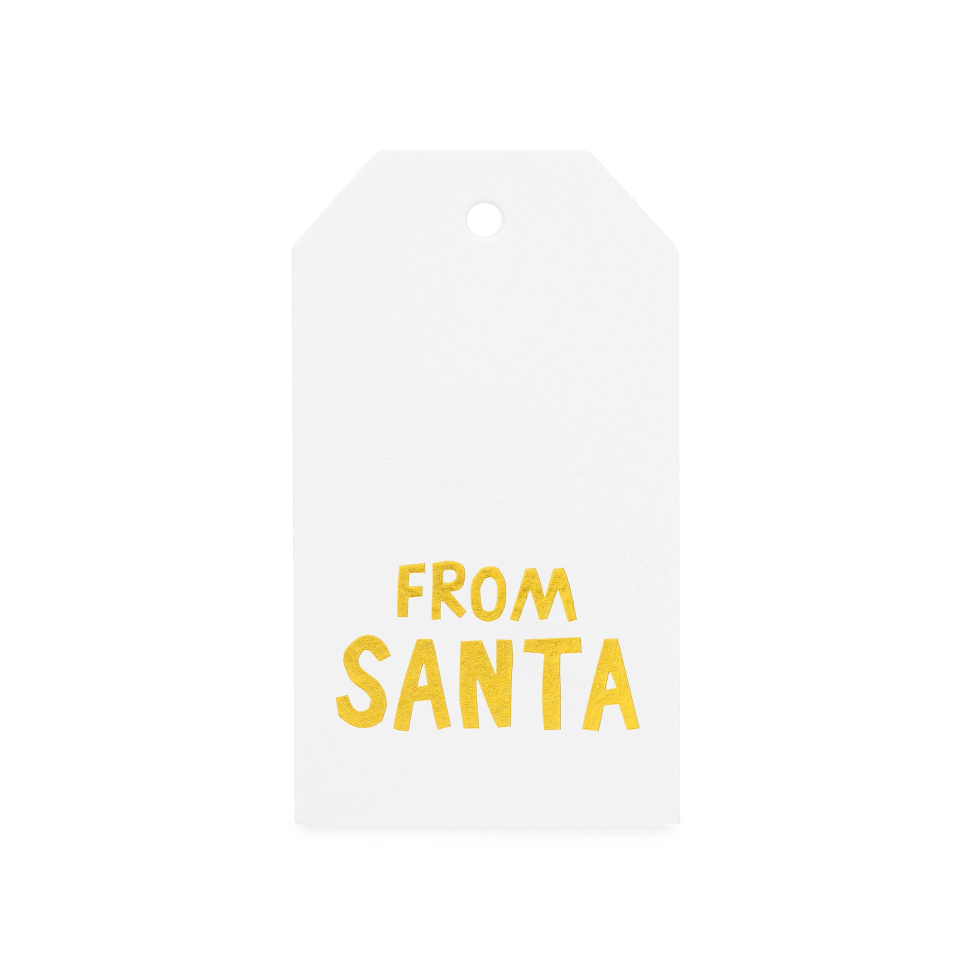 white gift tag with "from santa" in gold foil