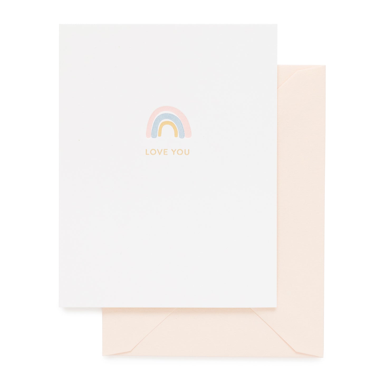 I love you rainbow card in pink, blue and gold with a pink envelope