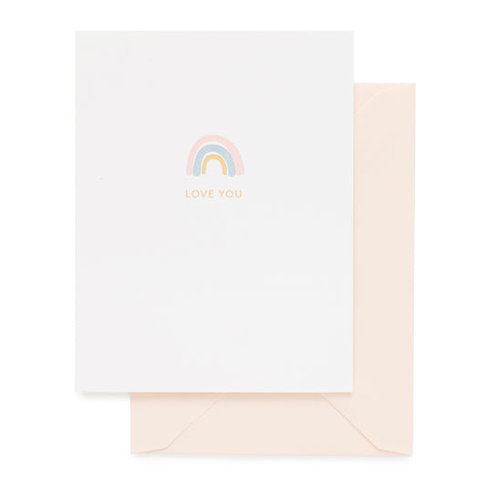 I love you rainbow card in pink, blue and gold with a pink envelope