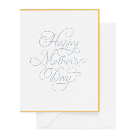 Gold bordered white card printed with Happy Mother's Day in calligraphy in blue ink